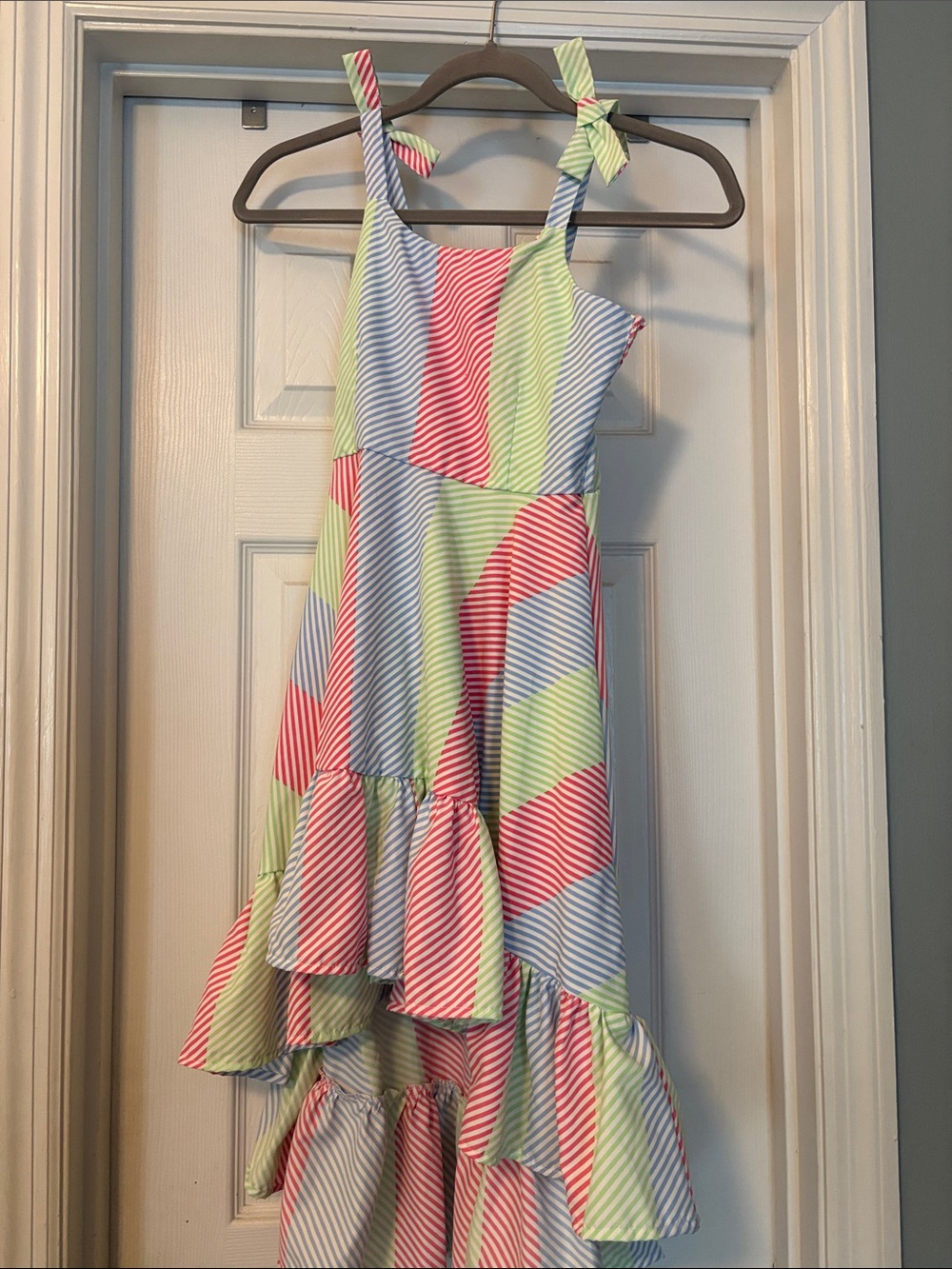 Habitual Girls' Striped Tie-Shoulder Tiered Dress in Pink, Blue & Lime